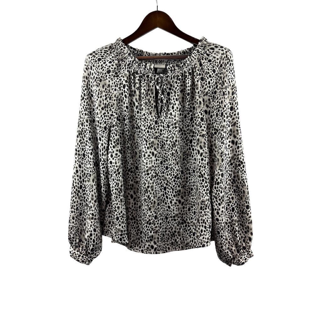 Women’s A New Day Large White & Black Leopard Print Long Sleeve Blouse